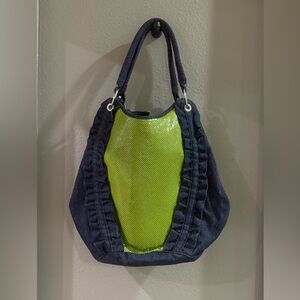 WHITING & DAVIS BLUE DENIM RUFFLE
W/GREEN MESH TOTE PURSE NEW OLD DEADSTOCK